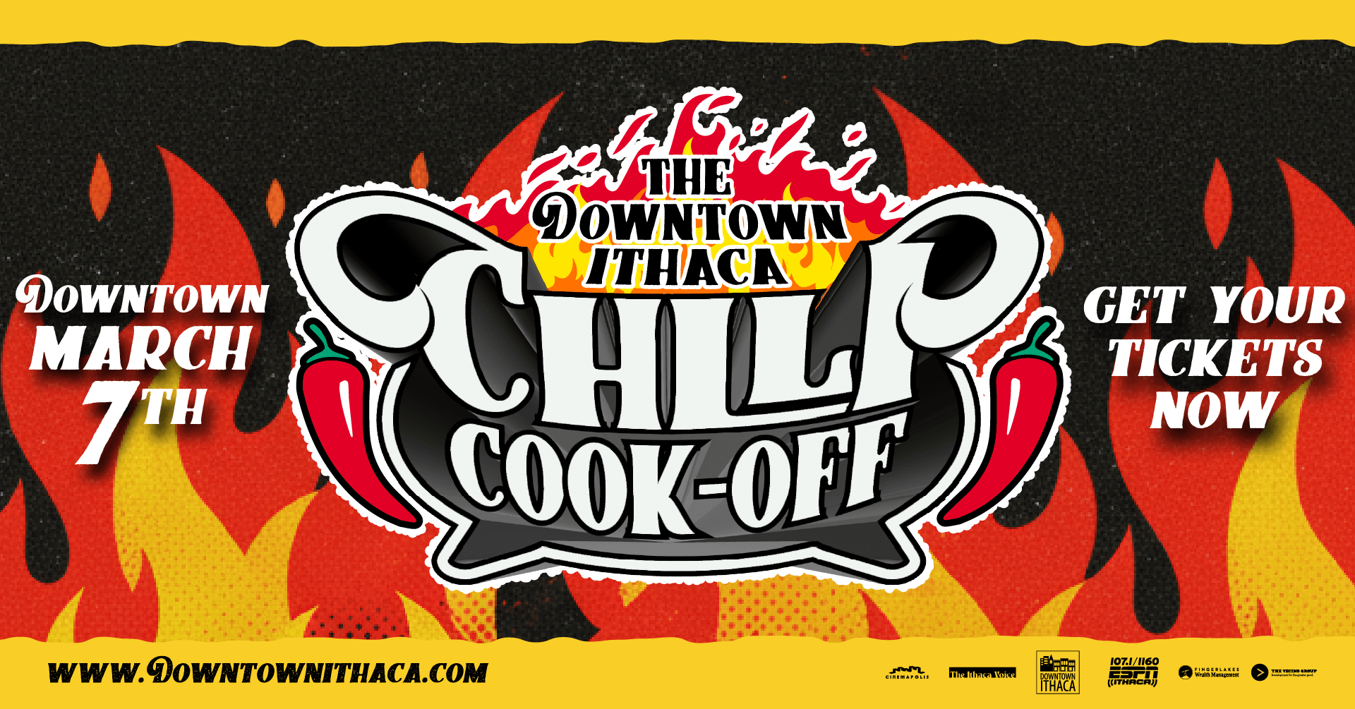 Downtown Ithaca Chili Cook-Off 2026 event graphic promoting the annual winter chili tasting fundraiser featuring local restaurants and community support.