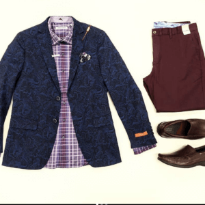 Blue dress coat, purple plaid shirt, maroon slacks and brown loafers