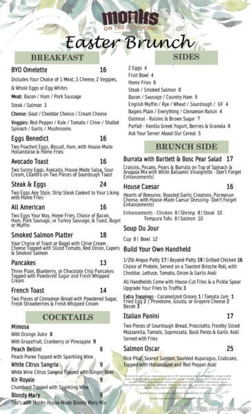 Monks Easter Menu
