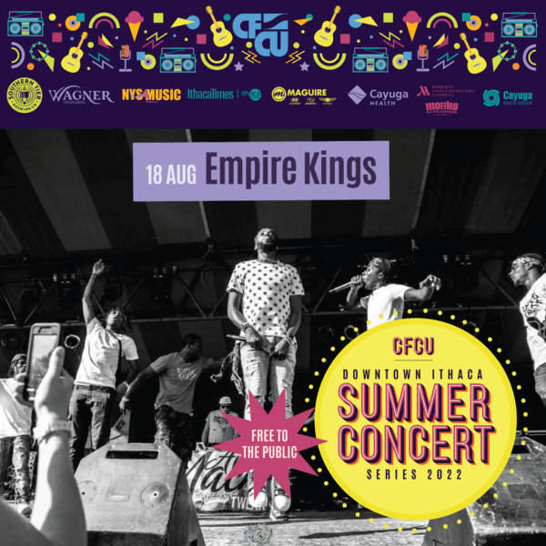 a photo of the band Empire Kings with their concert date and the summer concert series graphics