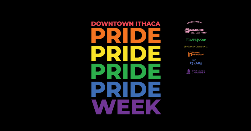 Pride Week graphic with list of our sponsors in rainbow colors