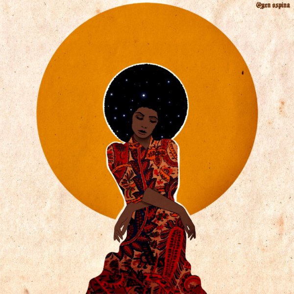 Person of color in red dress with sun in background