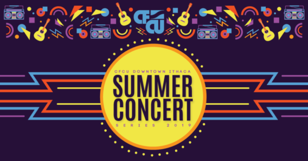 Summer Concert Series logo. Purple background, lemon colored circle in the center